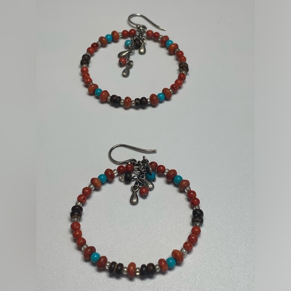 Silpada Rare Sterling Silver Coral, Turquoise, Wood, Shell Bead Hoop Earrings - Picture 14 of 16